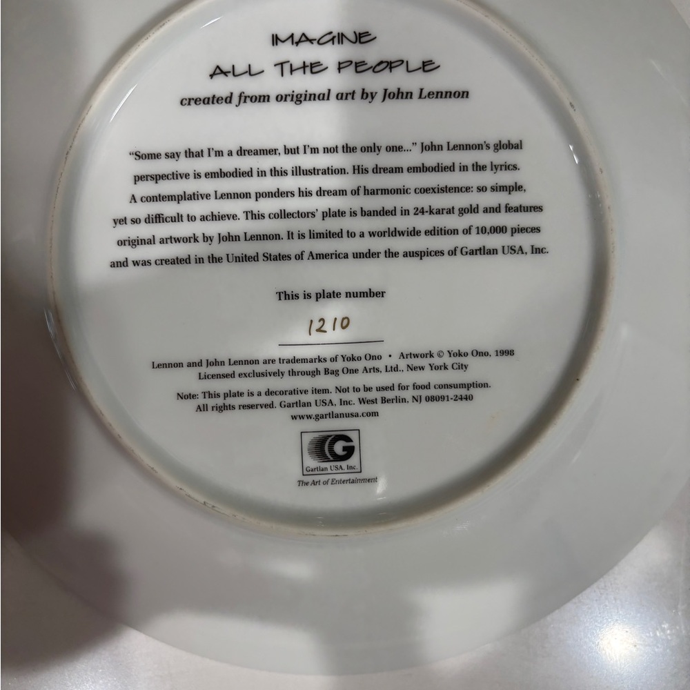 John Lennon Plate Limited Edition - Plate # 1210 of 10,000 - - Picture 3 of 3